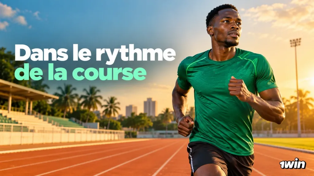 Coureur vêtu de vert sur une piste d’athlétisme au coucher du soleil