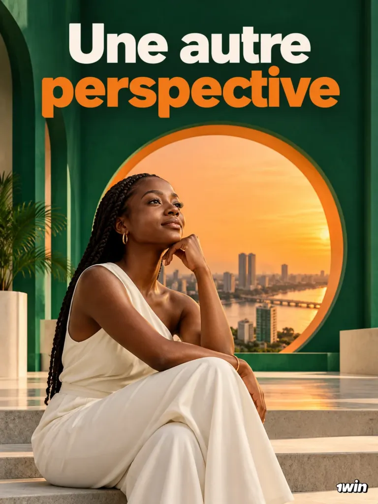 Femme assise devant une ouverture circulaire sur la ville au coucher du soleil.