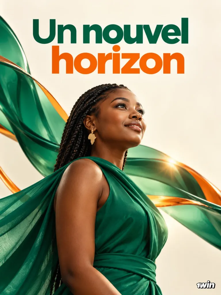 Portrait vertical d’une femme en vert sous le message Un nouvel horizon.