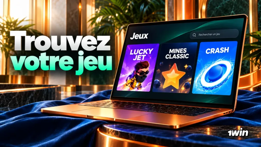 Ordinateur portable avec une recherche de jeux et des vignettes Lucky Jet, Mines Classic et Crash.