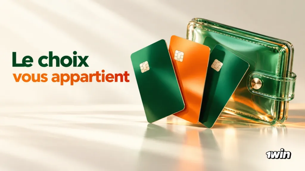 Cartes bancaires vertes et orange devant un portefeuille transparent.