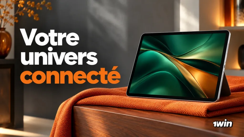 Tablette affichant un fond abstrait vert et orange sur un canapé